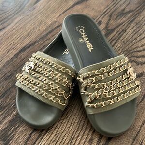 1000% Auth Chanel Slides Olive Green/ Khaki Size 37